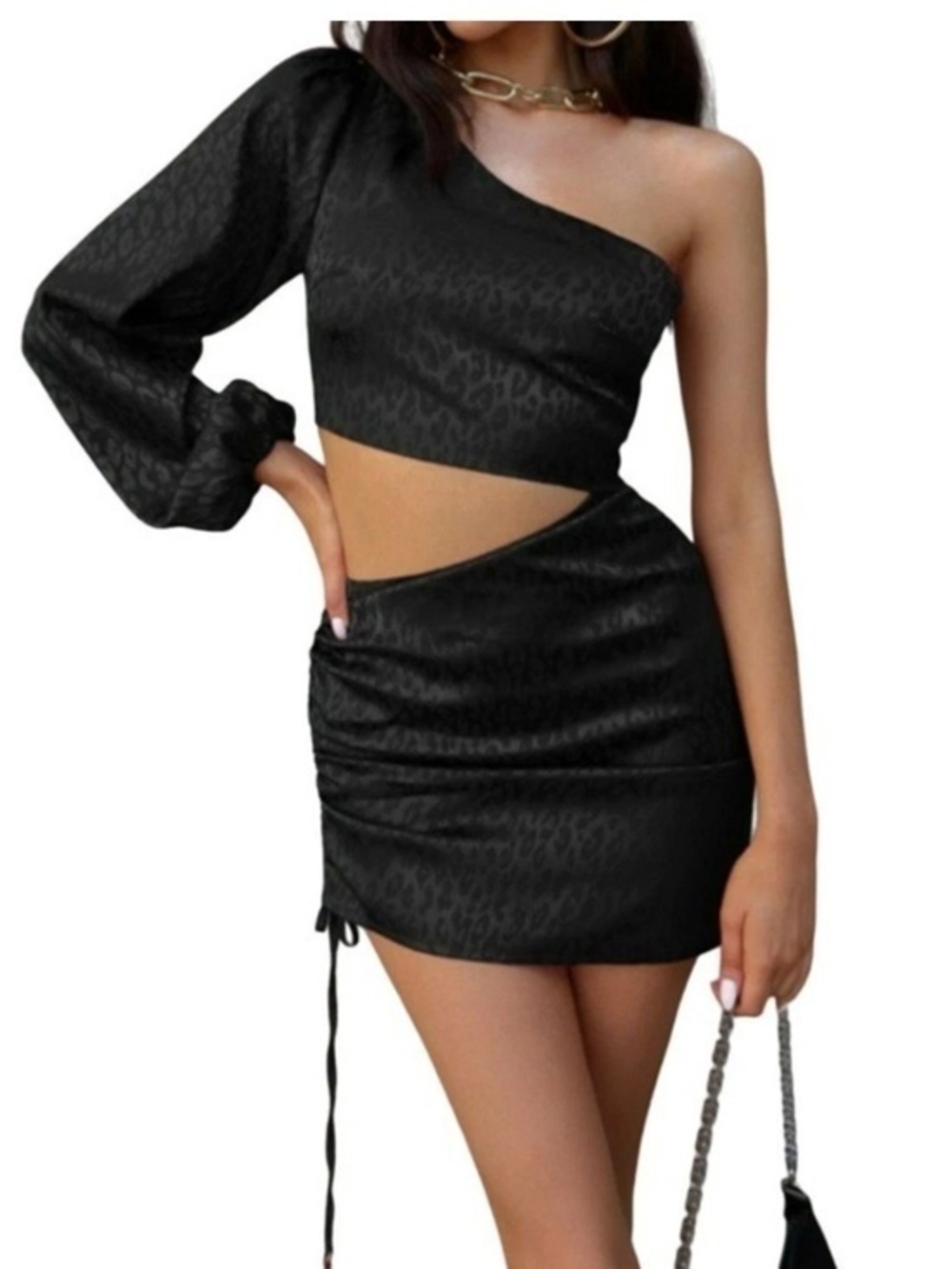 O.vianda satin Leopard Print One Shoulder ruched Cutout Mini Dress size M